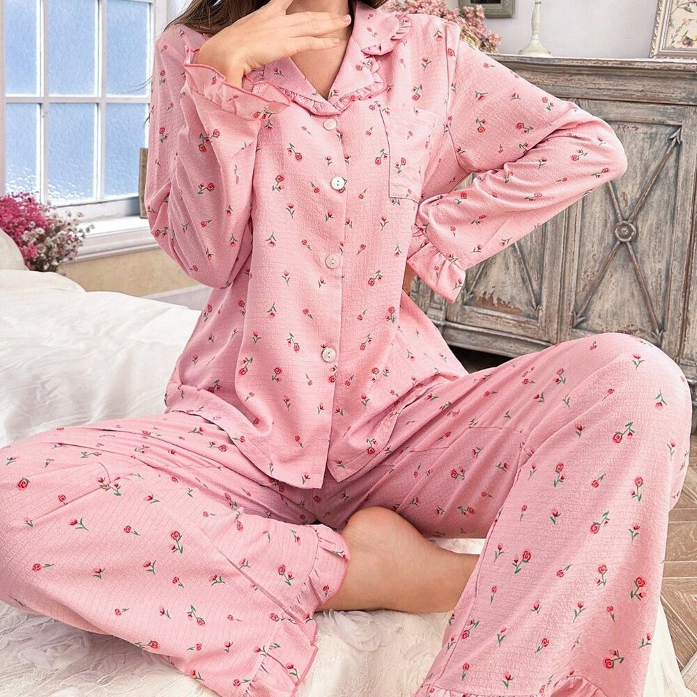 Pink Romantic Women's Cozy Elegant Floral Bubble Ruffle Sleepwear Pajama Set - Picture 3 of 6